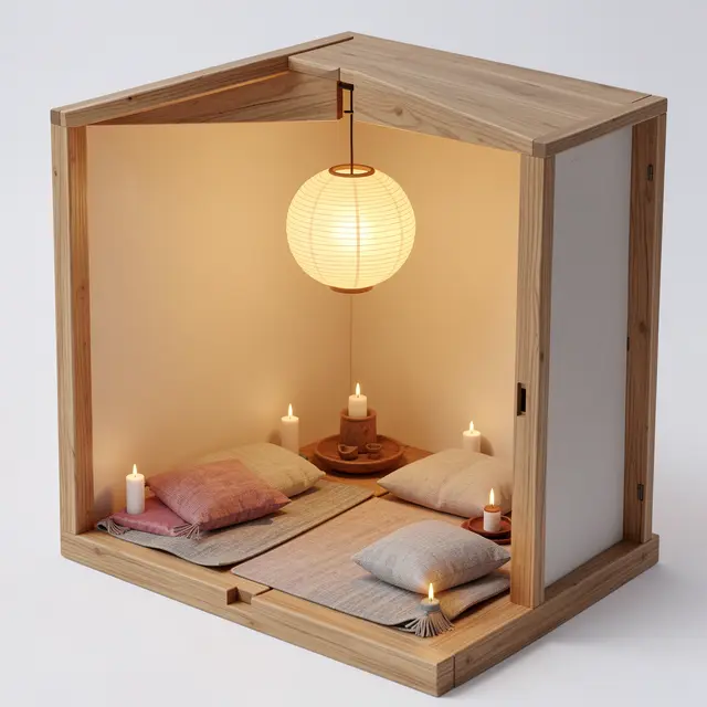 3D render of a tiny open wooden meditation nook with cushions, lit candles and a glowing paper lantern