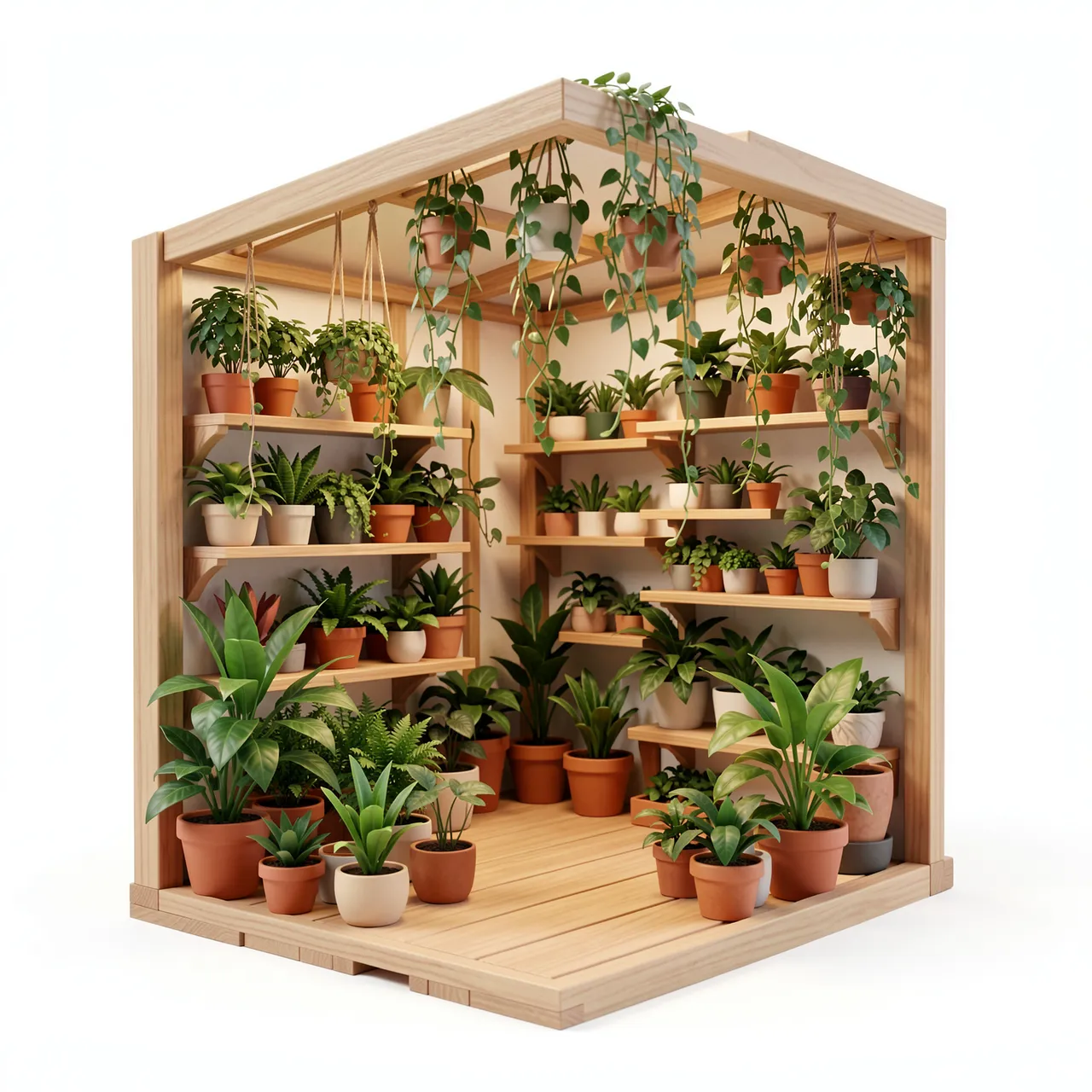 3D render of a tiny open wooden cutaway plant shop filled with potted houseplants and hanging vines against a plain white
