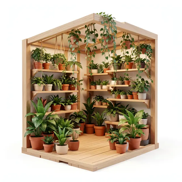 3D render of a tiny open wooden cutaway plant shop filled with potted houseplants and hanging vines against a plain white