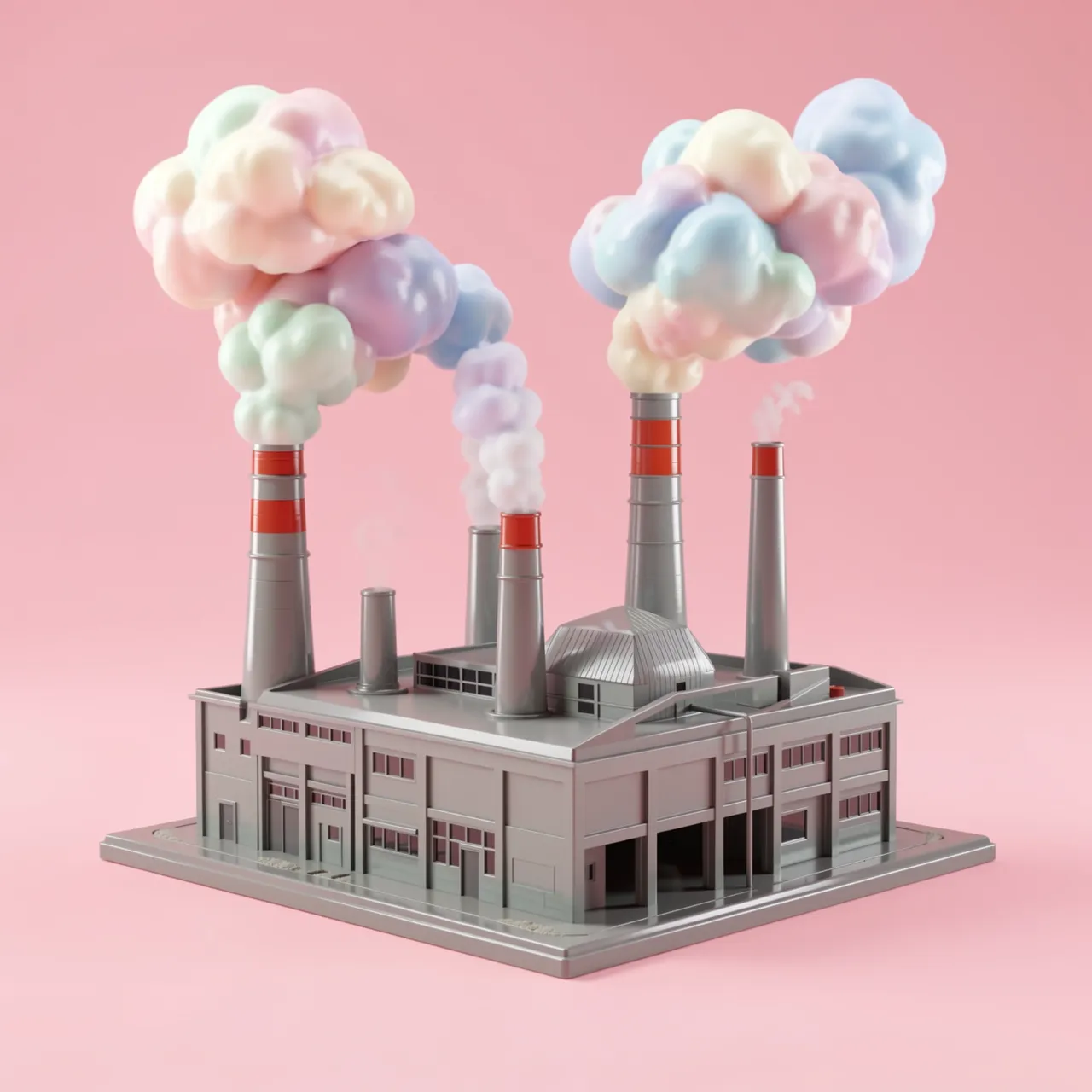 Glossy gray miniature factory model releases fluffy pastel smoke clouds against a solid soft pink background