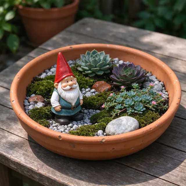 Terracotta bowl miniature garden with a ceramic gnome, succulents, moss and pebbles sits on a wooden patio table