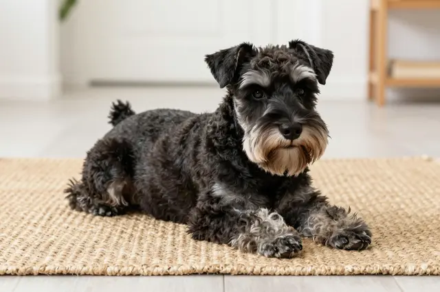 Black Miniature Schnauzer with a bushy beard lies on a woven jute rug in a bright home hallway.