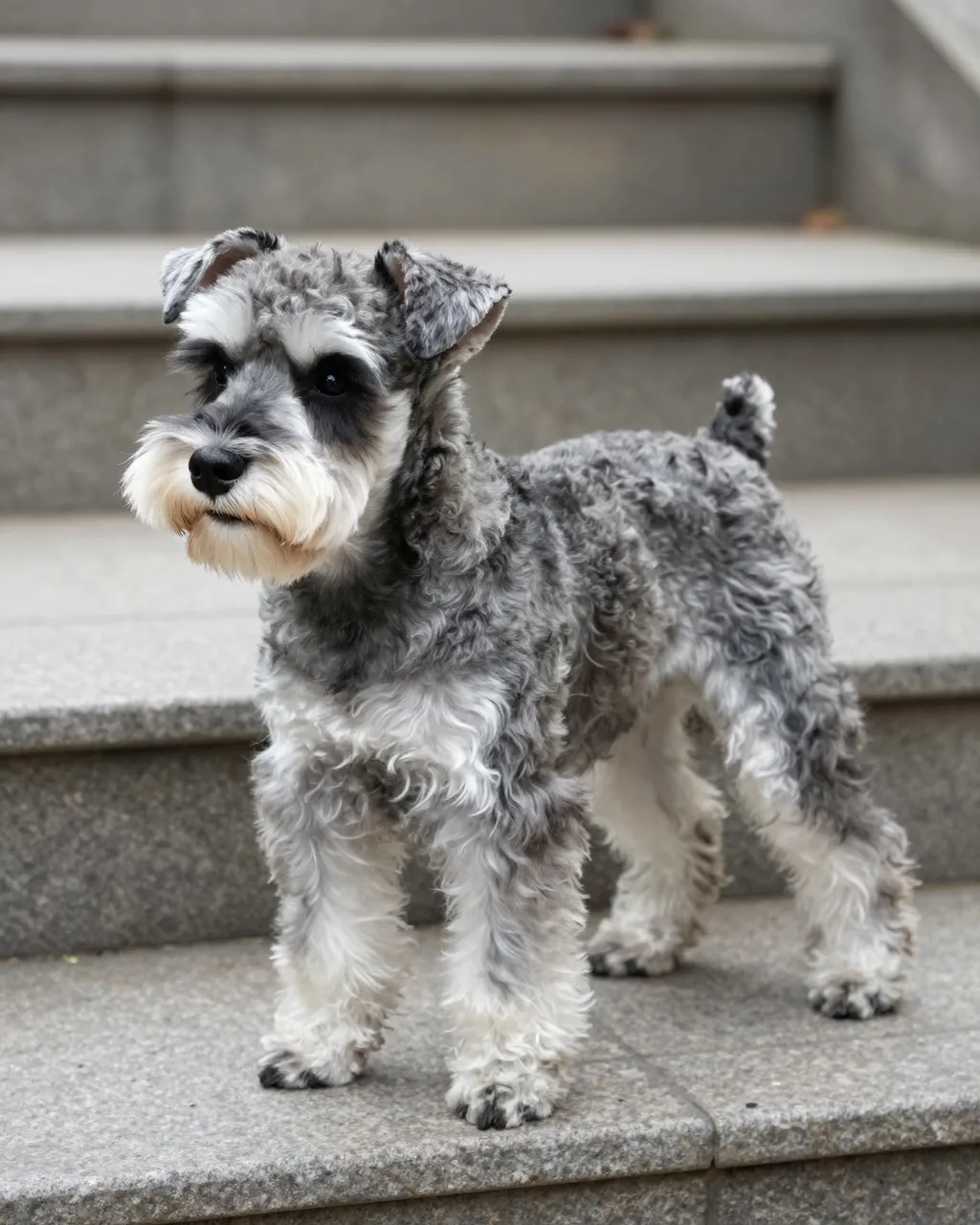 A silver gray Miniature Schnauzer with white facial furnishings stands on outdoor stone garden steps.