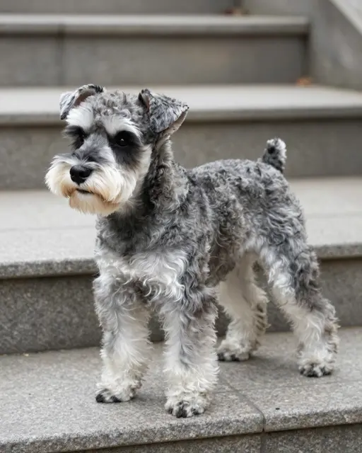 A silver gray Miniature Schnauzer with white facial furnishings stands on outdoor stone garden steps.