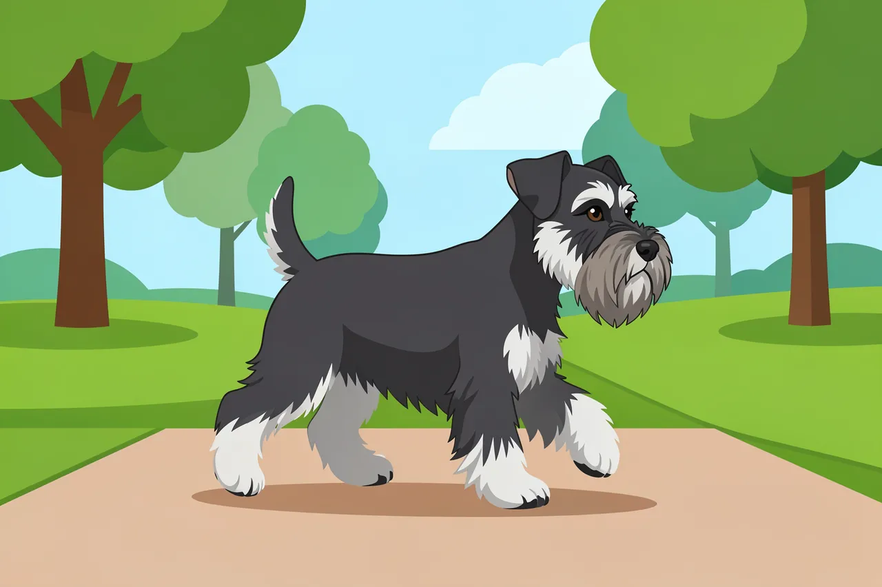 Side view flat vector illustration of a Miniature Schnauzer trotting along a sunlit park path