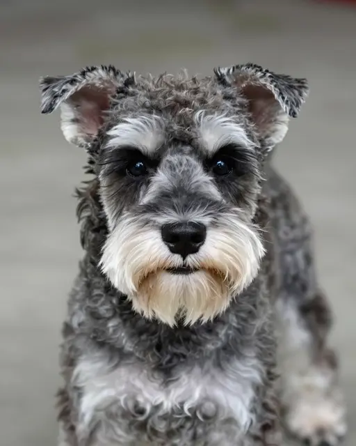 Close-up portrait of a miniature schnauzer with a gray and white beard looking directly at the camera