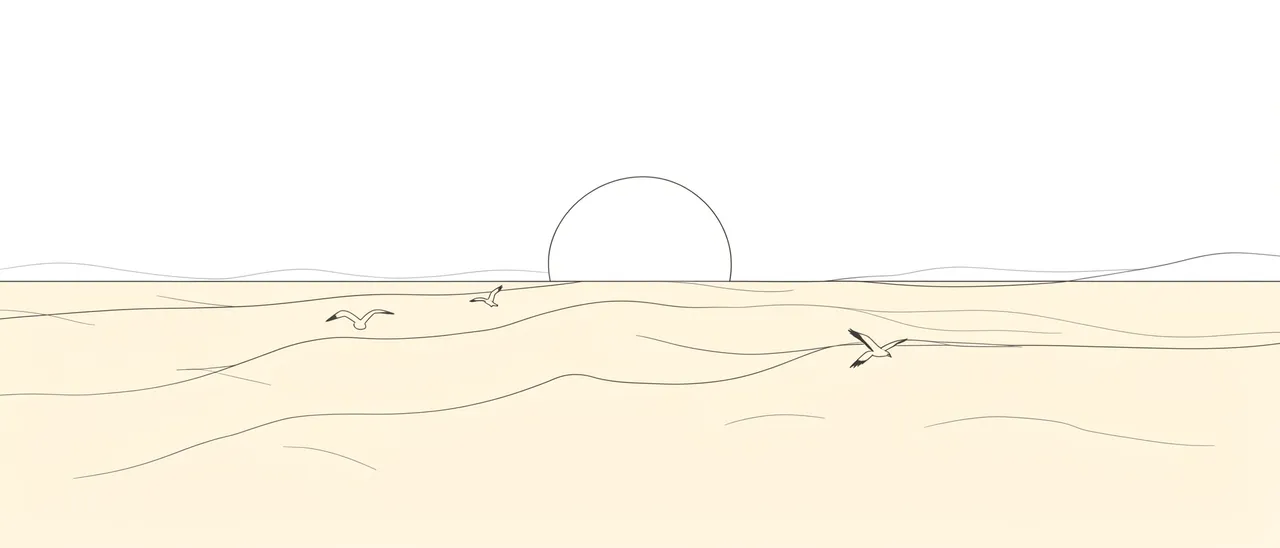 Thin charcoal line art of a calm sand horizon, half sun, and three flying birds on pale sand