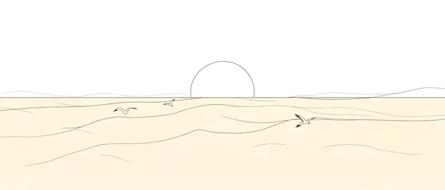 Thin charcoal line art of a calm sand horizon, half sun, and three flying birds on pale sand