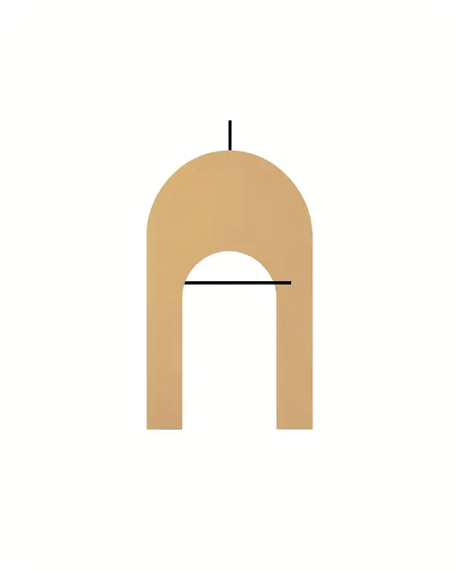A minimalist sand-colored double arch graphic accented with thin black lines on a plain white background