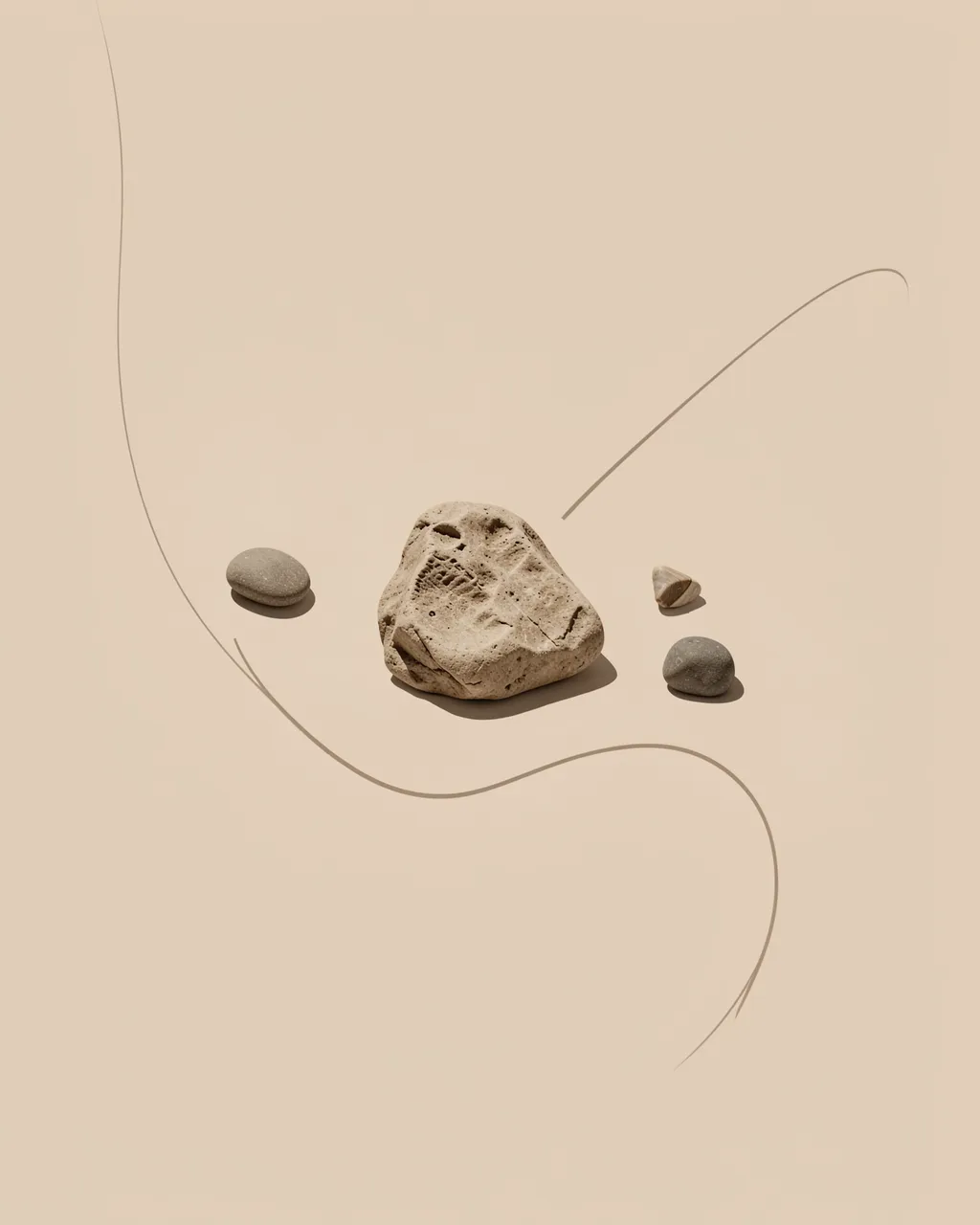Smooth and textured neutral stones arranged with thin curved line details on a solid beige background