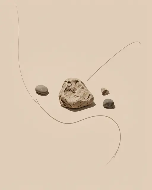 Smooth and textured neutral stones arranged with thin curved line details on a solid beige background