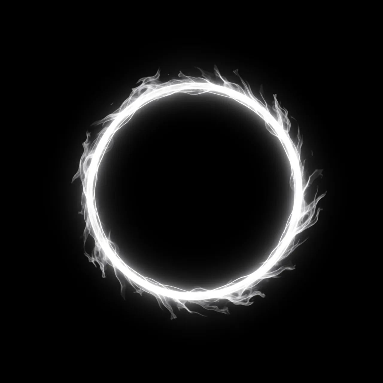 A perfect dark circular black hole sits inside a thin flickering ring of white flame against solid black background