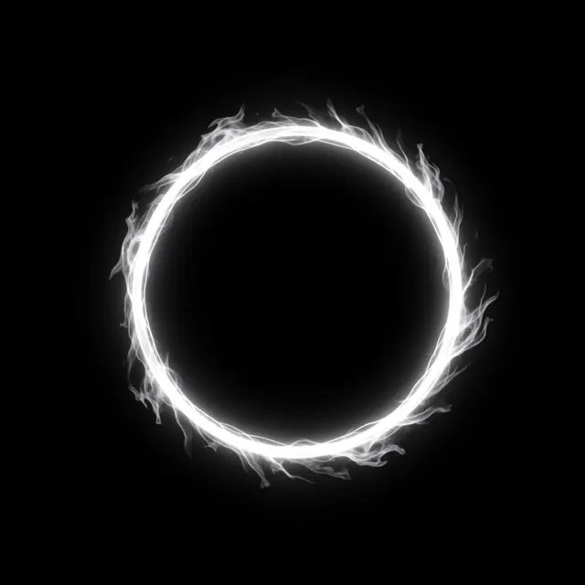 A perfect dark circular black hole sits inside a thin flickering ring of white flame against solid black background