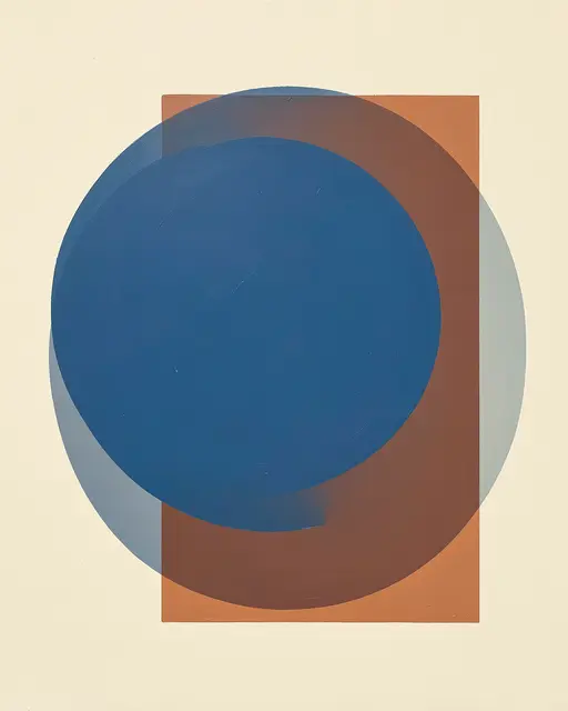 Abstract painting of overlapping blue circular forms and a terracotta rectangle on a soft cream canvas background