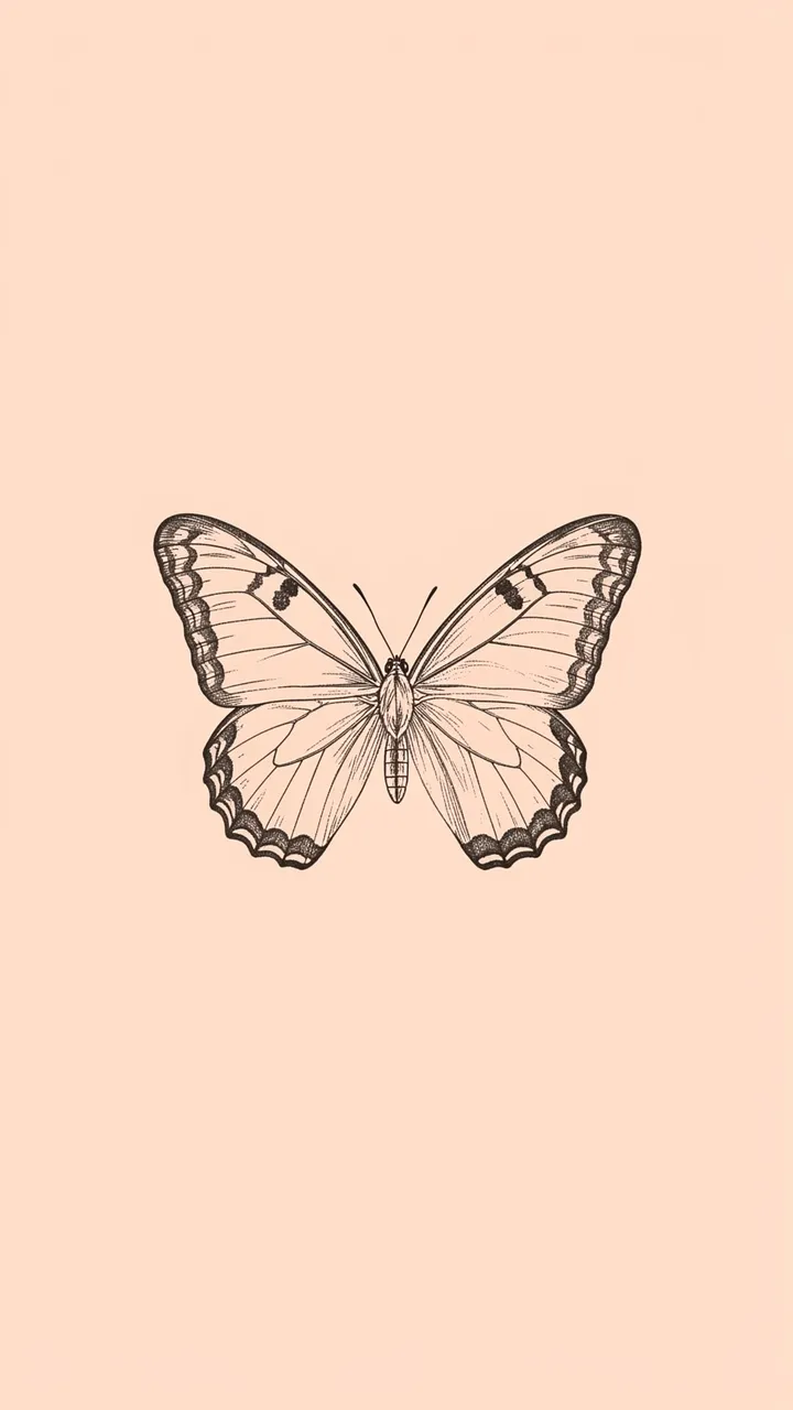 Symmetrical charcoal line art butterfly centered on a soft pale peach background