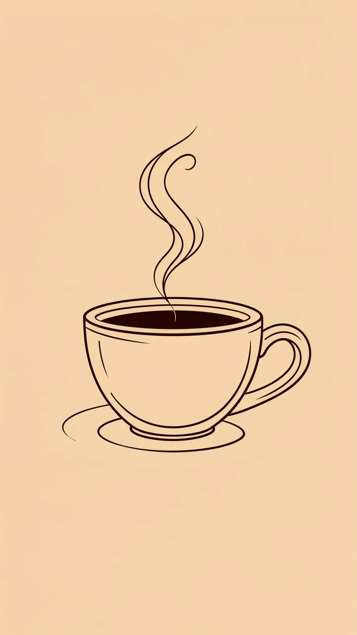 Simple line art illustration of a steaming coffee cup on a warm beige background
