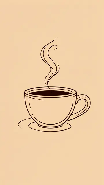 Simple line art illustration of a steaming coffee cup on a warm beige background