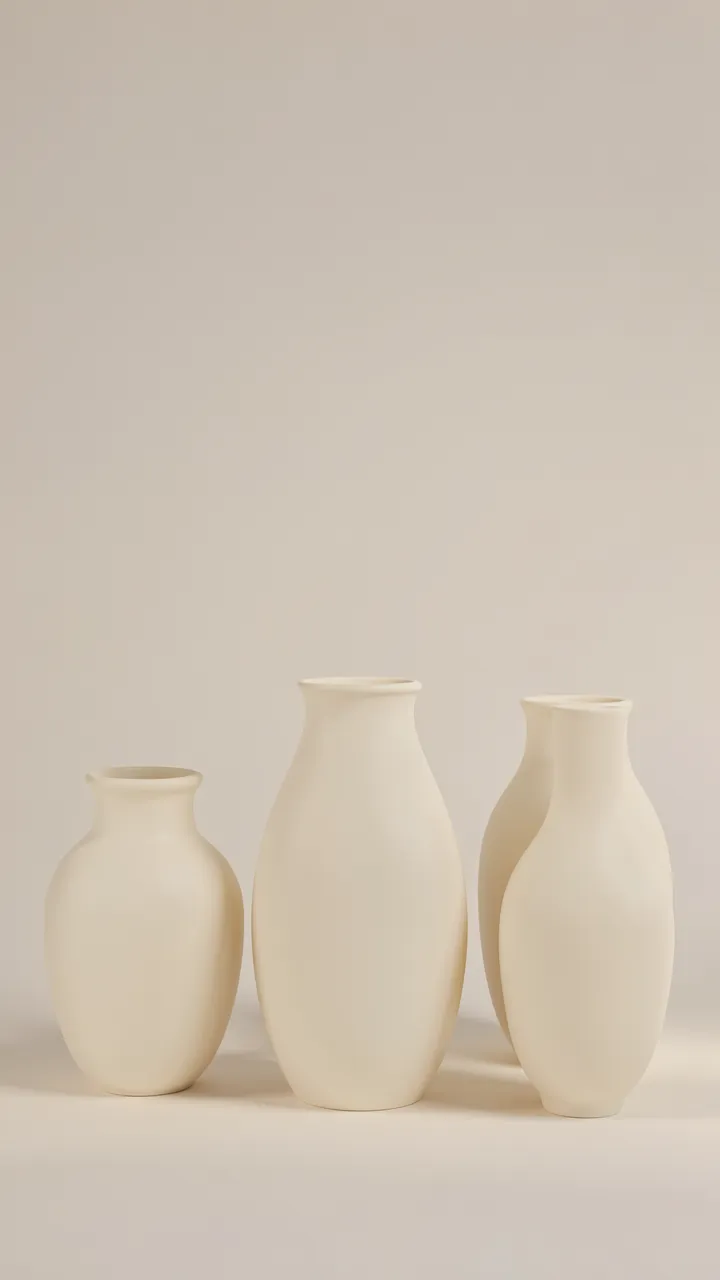 Four matte cream ceramic vases arranged in a row against a soft neutral beige background