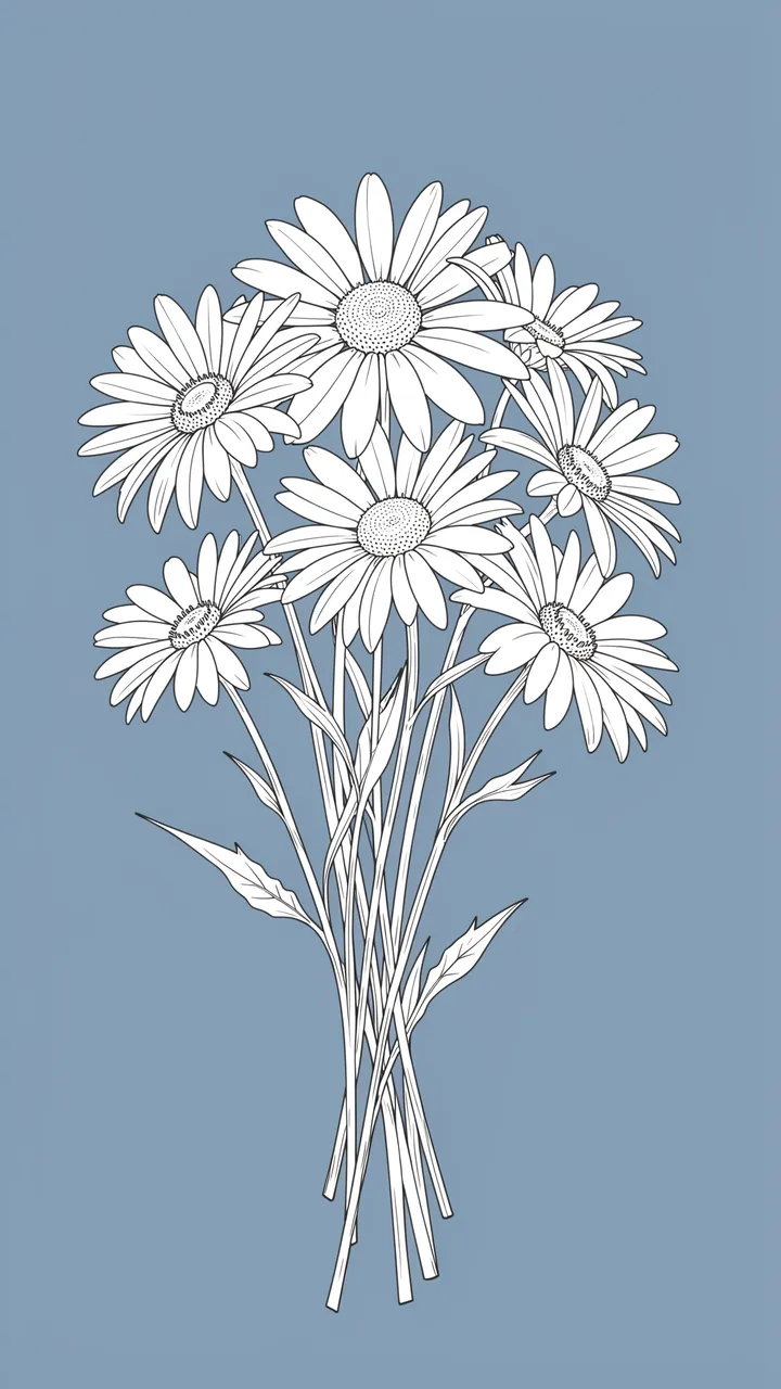 Vertical line art of a loose daisy bunch set against a solid dusty blue background