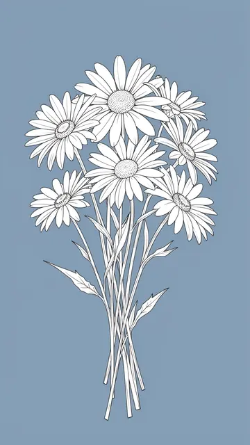 Vertical line art of a loose daisy bunch set against a solid dusty blue background