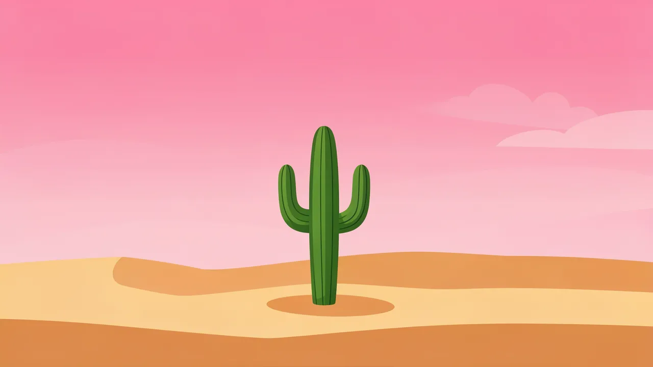 A single saguaro cactus stands in a flat sandy desert under a soft pink gradient sky