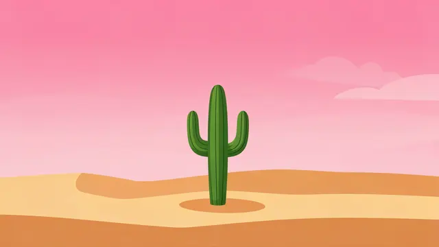 A single saguaro cactus stands in a flat sandy desert under a soft pink gradient sky