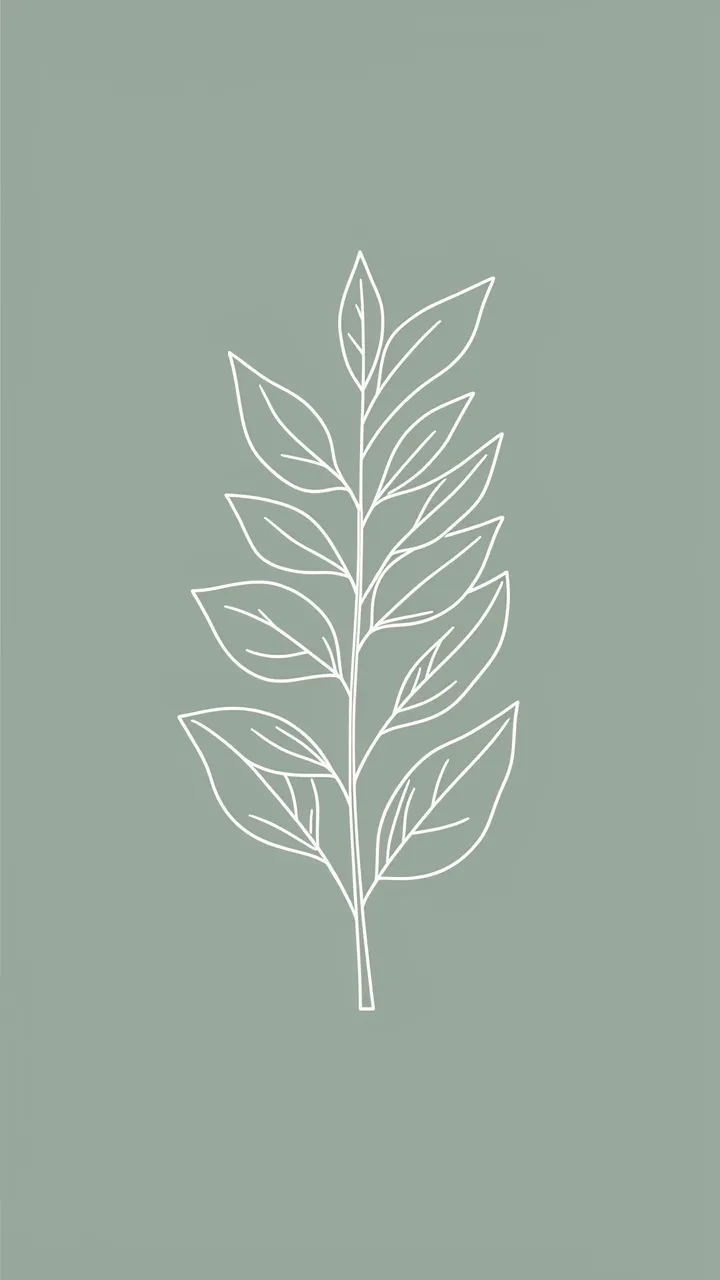 Thin white line art of a leafy sprig centered on a solid dusty sage vertical background