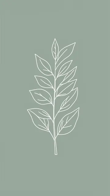 Thin white line art of a leafy sprig centered on a solid dusty sage vertical background