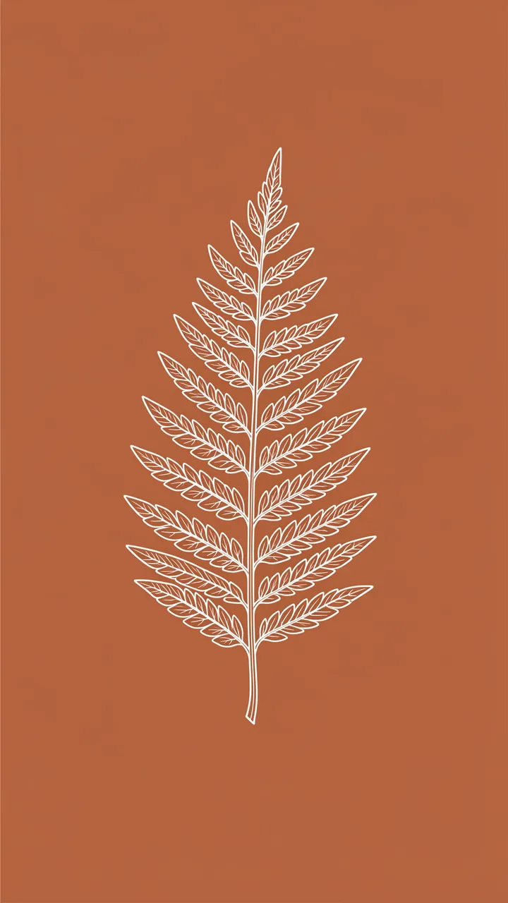 A delicate white line art illustration of a single fern frond centered on a solid terracotta background