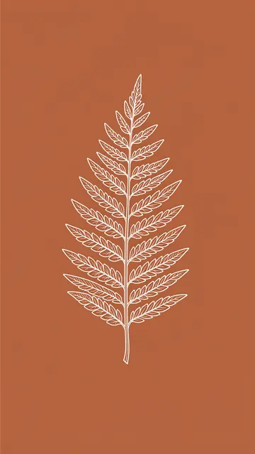 A delicate white line art illustration of a single fern frond centered on a solid terracotta background