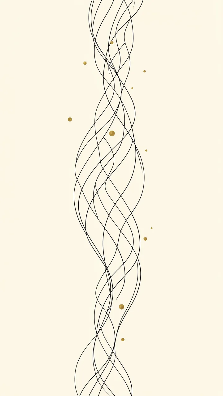 Intricate swirling black line art with scattered gold dots on a soft ivory background
