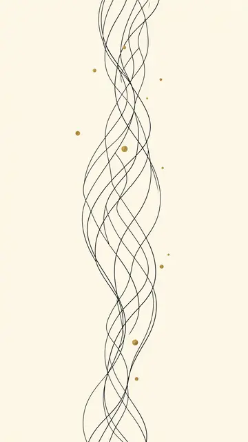 Intricate swirling black line art with scattered gold dots on a soft ivory background