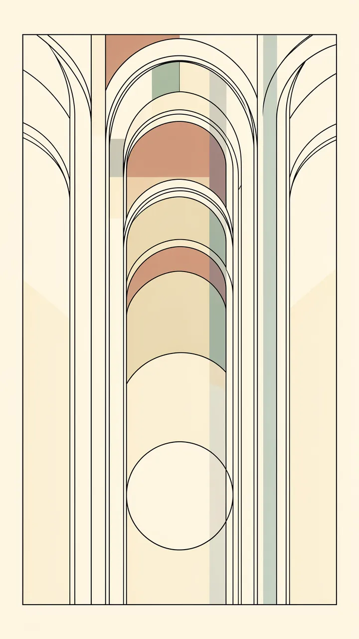 Thin black line art of stacked arches and a circle over muted color blocks on a cream background