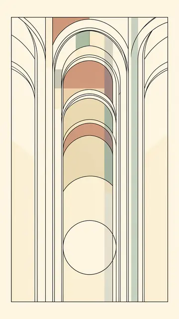 Thin black line art of stacked arches and a circle over muted color blocks on a cream background