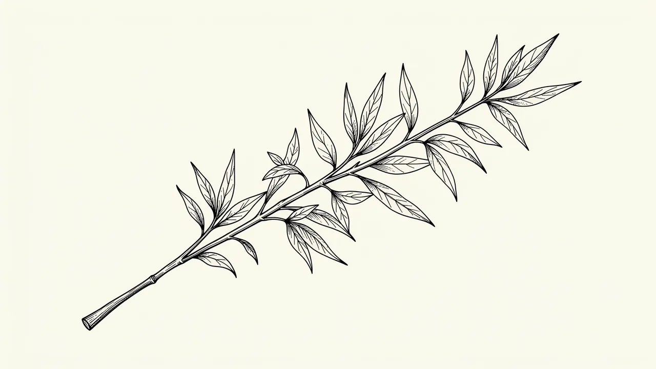 Fine black line art of a leafy botanical branch set against an off-white background