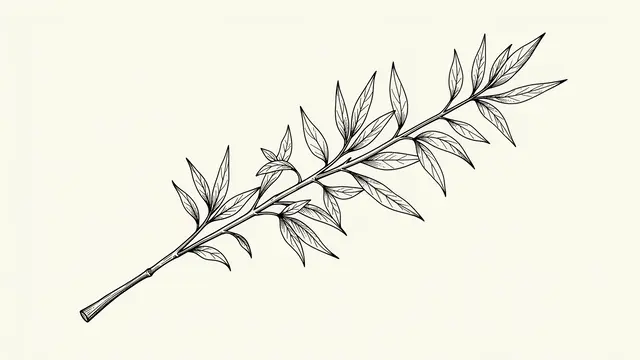 Fine black line art of a leafy botanical branch set against an off-white background