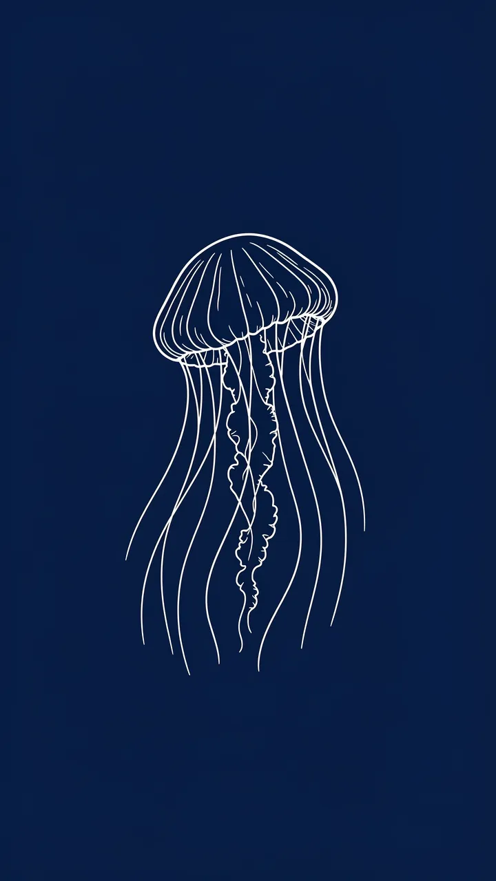 White line art illustration of a drifting jellyfish centered on a solid navy blue background