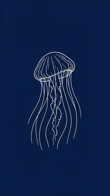 White line art illustration of a drifting jellyfish centered on a solid navy blue background