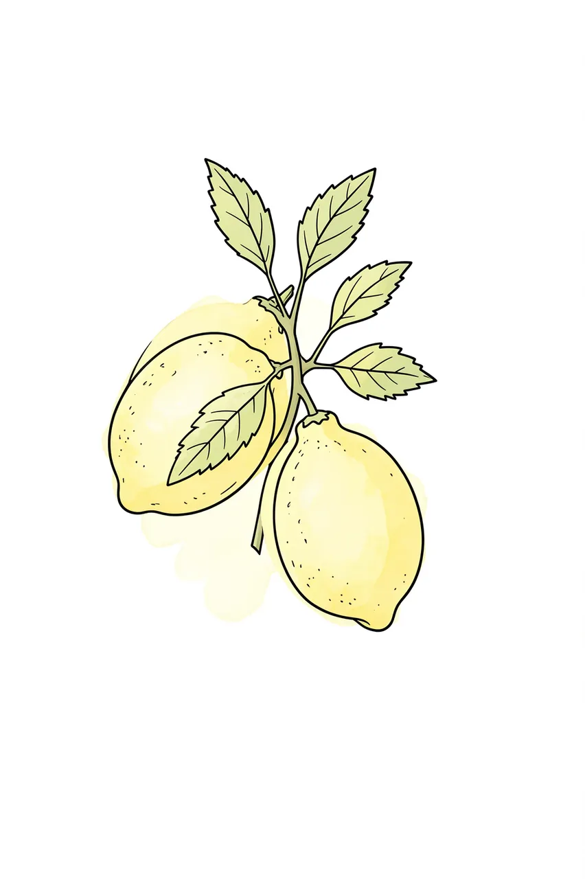 Line art illustration of a lemon branch with pale yellow watercolor wash on a plain white background