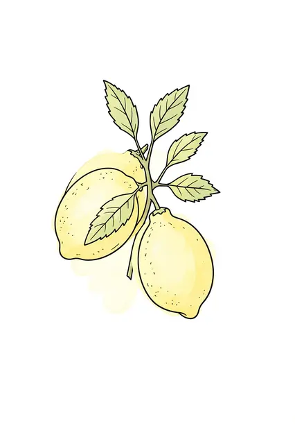 Line art illustration of a lemon branch with pale yellow watercolor wash on a plain white background