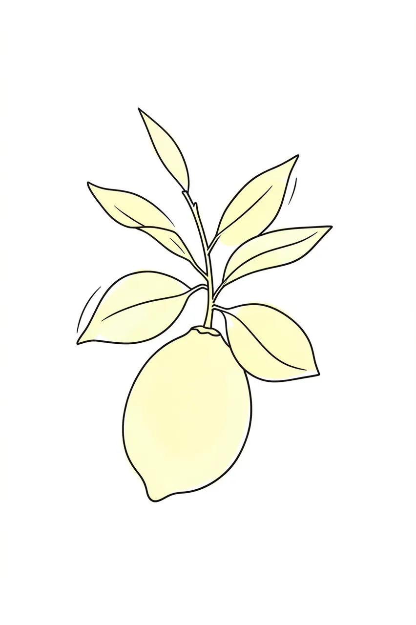 Simple line art illustration of a lemon branch with pale yellow watercolor wash on a plain white background