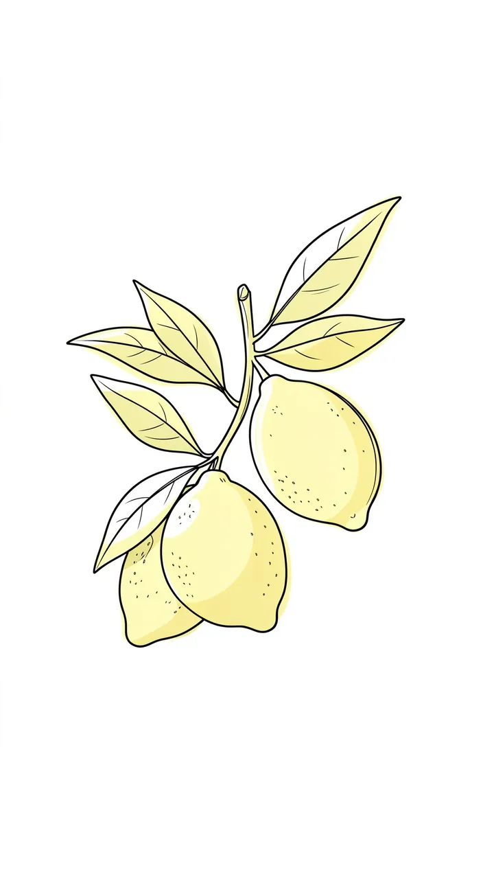 Vertical line art illustration of a lemon branch with pale yellow wash on a plain white background