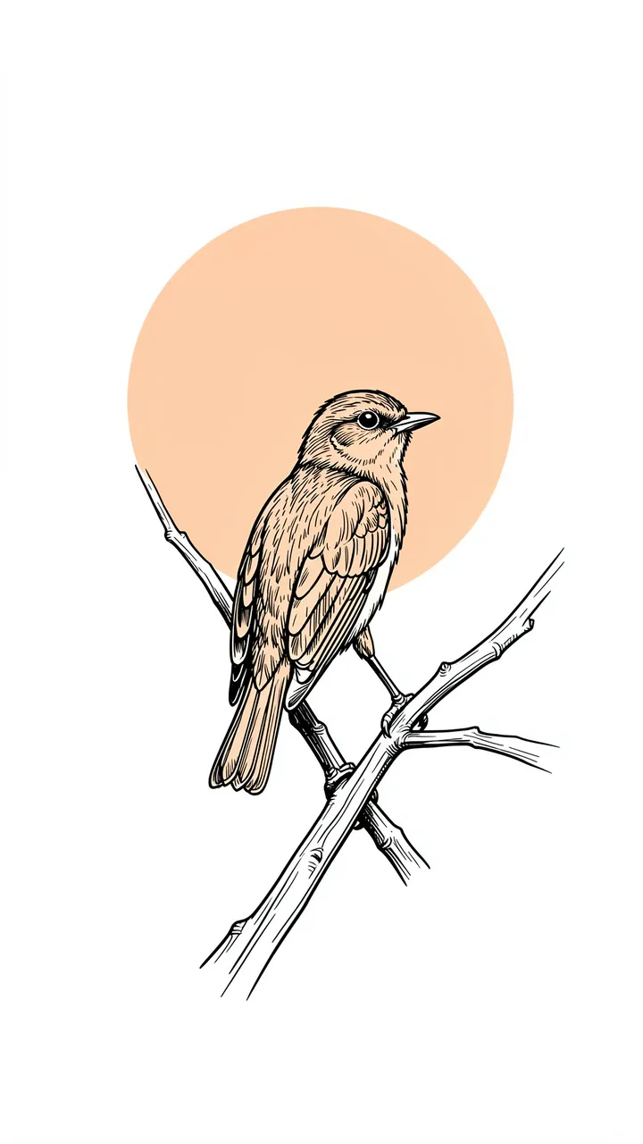 Detailed black ink line art of a small bird perched on thin branches with a solid peach circle sun behind on a plain white