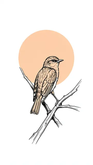 Detailed black ink line art of a small bird perched on thin branches with a solid peach circle sun behind on a plain white