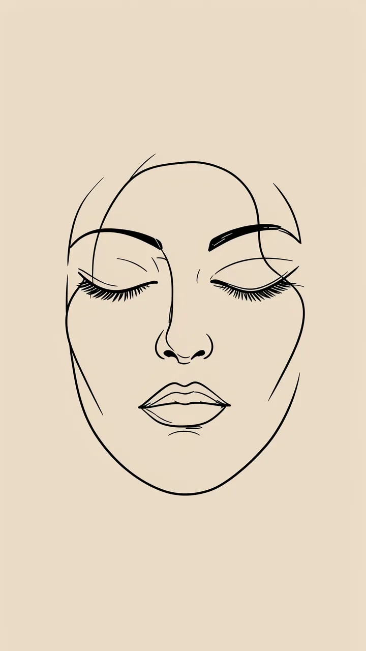 Black line art of an abstract closed-eye face on a solid beige background