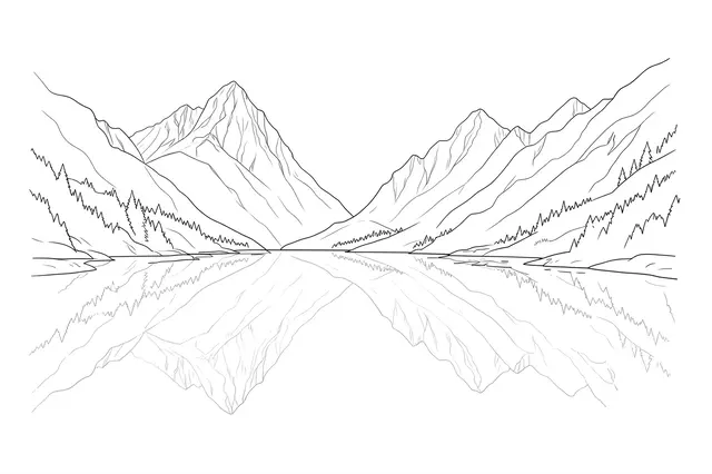 Fine delicate black line art of a mountain lake with symmetric peak reflections on a plain white background