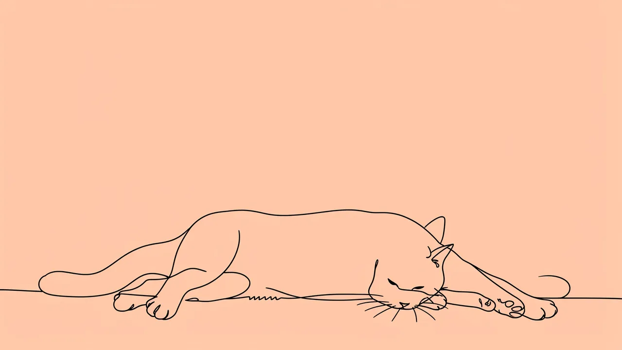 Continuous black line drawing of a stretched resting cat along the bottom of a solid peach background