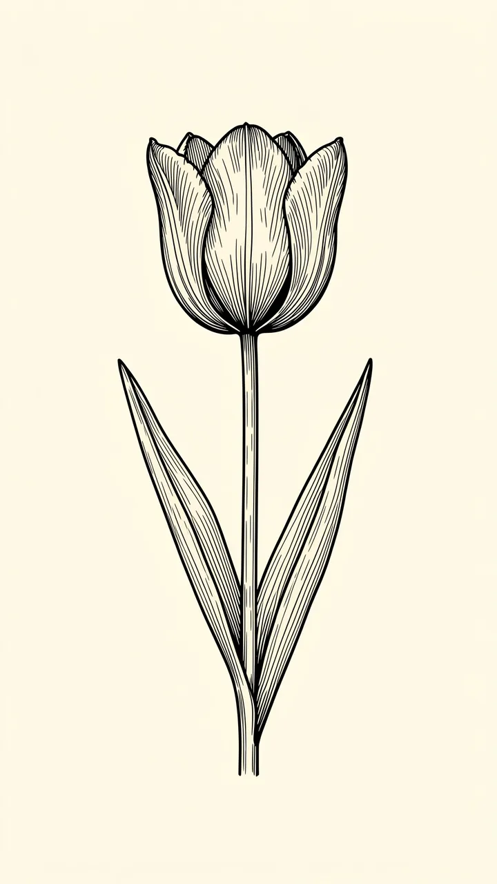 Black ink line art of a single tulip set against a soft cream background