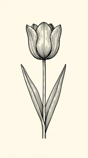 Black ink line art of a single tulip set against a soft cream background