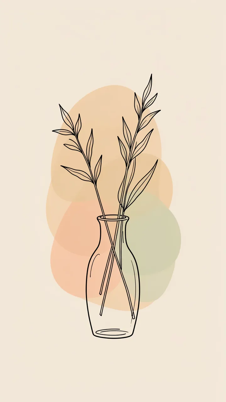 A line art illustration of a vase with leafy stems over soft overlapping color blobs on a beige background